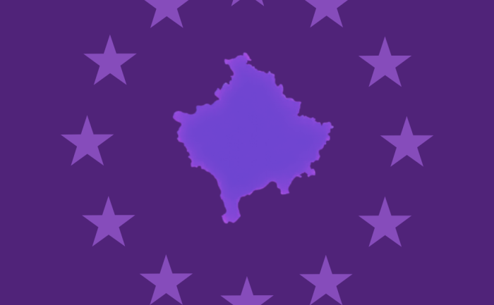 A purple background featuring the outline of Kosovo in the center, surrounded by a circle of stars similar to the European Union flag. The Volt logo appears in the bottom left corner. This image symbolizes Kosovo’s connection to Europe and Volt’s commitment to European integration.