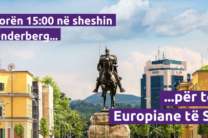 mage of Skanderbeg Square in Tirana, Albania, featuring the statue of Skanderbeg and the Albanian flag. The text reads: “Në orën 15:00 në sheshin Skënderberg… për të ardhmen Europiane të Shqipërisë!” (“At 3:00 PM in Skanderbeg Square… for the European future of Albania!”). The Volt logo is in the bottom left corner. This image invites people to a rally or event focused on Albania’s European future.